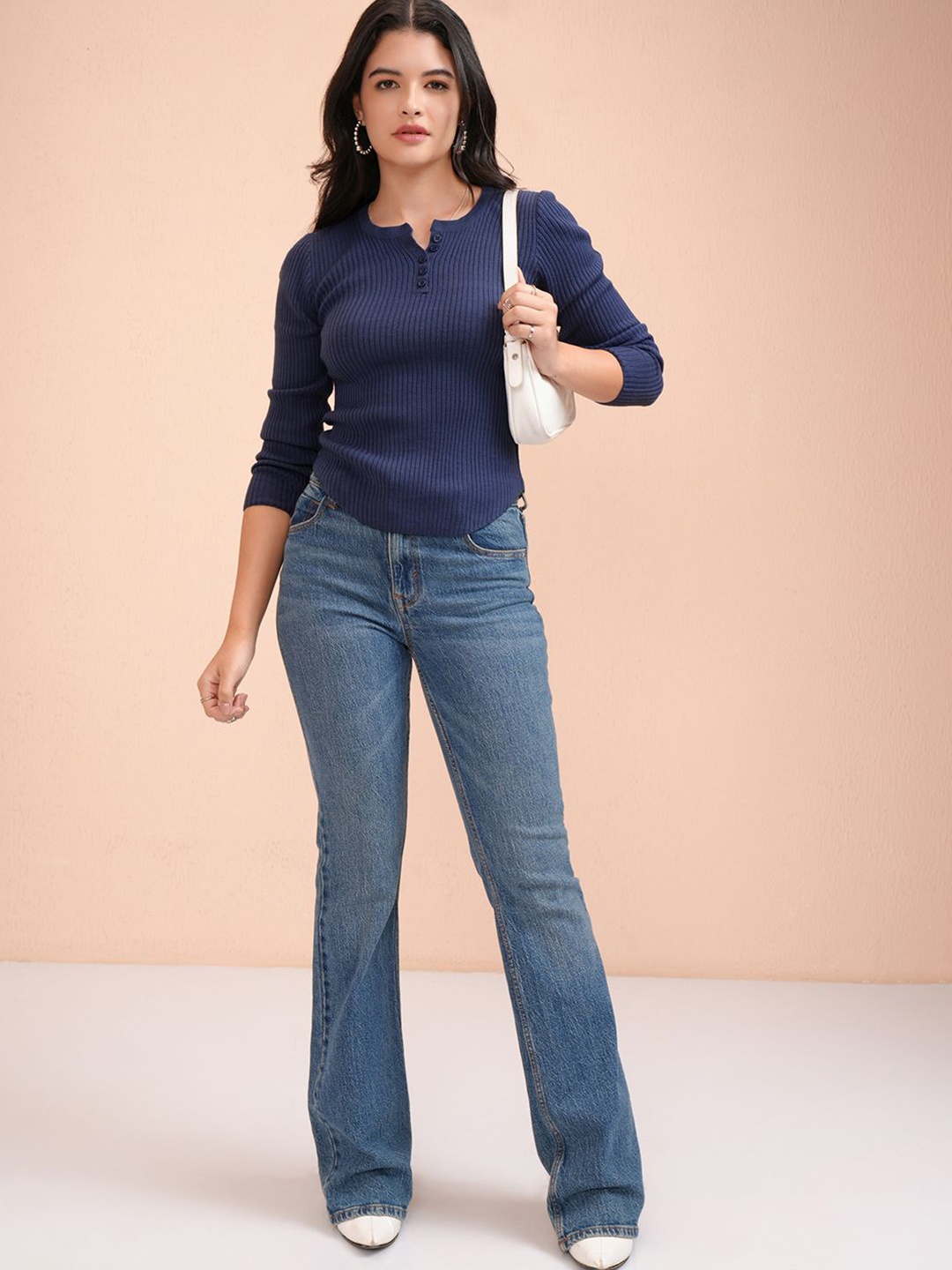 

Basics By Tokyo Talkies Women Cable Knit Pullover with Embellished Detail, Navy blue