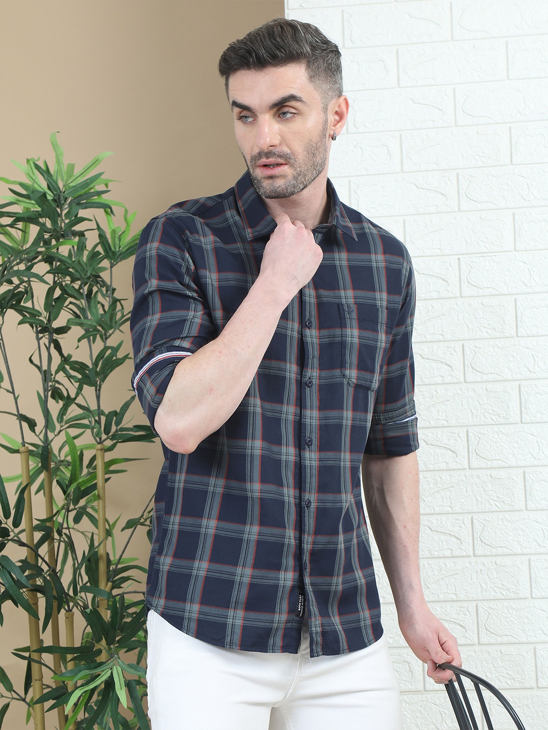 

RIGS AND RAGS Men Classic Tartan Checks Opaque Checked Casual Shirt, Navy blue
