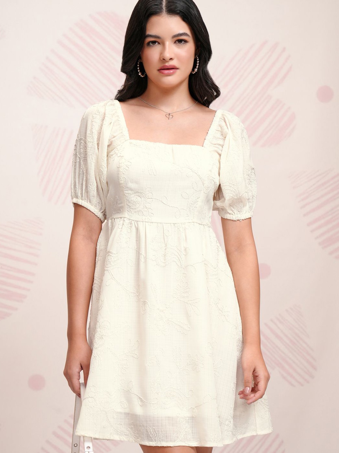 

ESPYR By Tokyo Talkies Embroidered Puff Sleeve Fit & Flare Mini Dress, Cream
