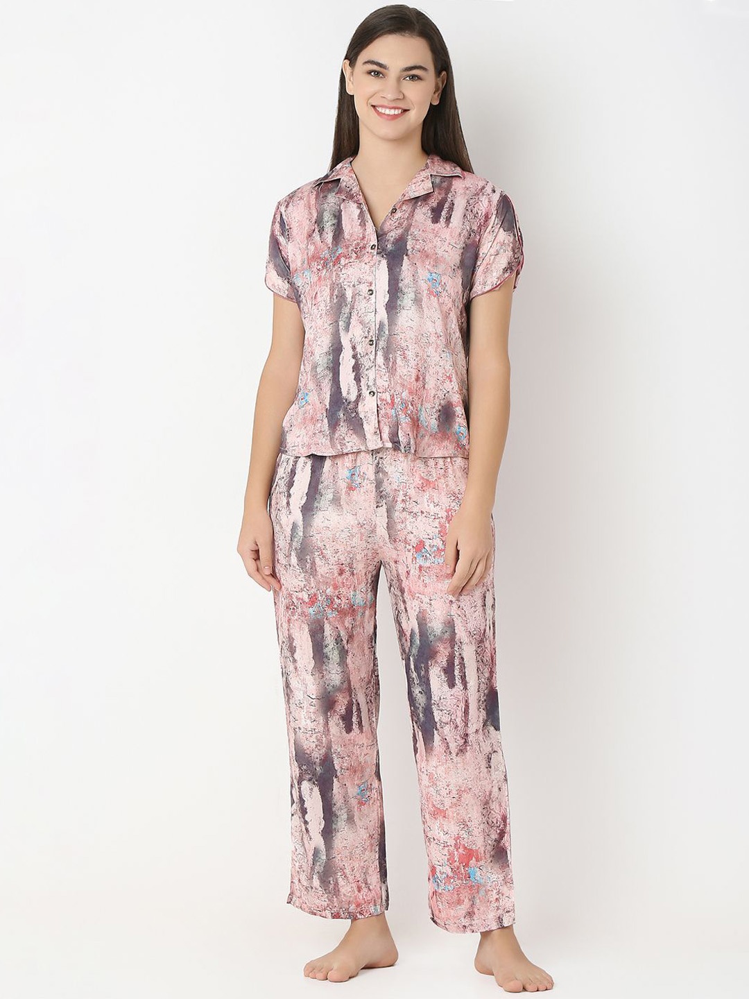 

Juliet Women Shirt Collar Printed Night suit, Pink