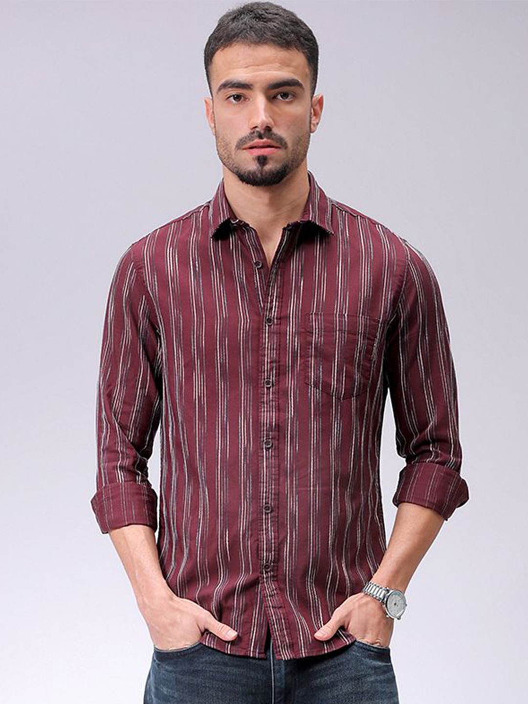 

The Indian Garage Co Men Slim Fit Multi Stripes Opaque Striped Casual Shirt, Maroon