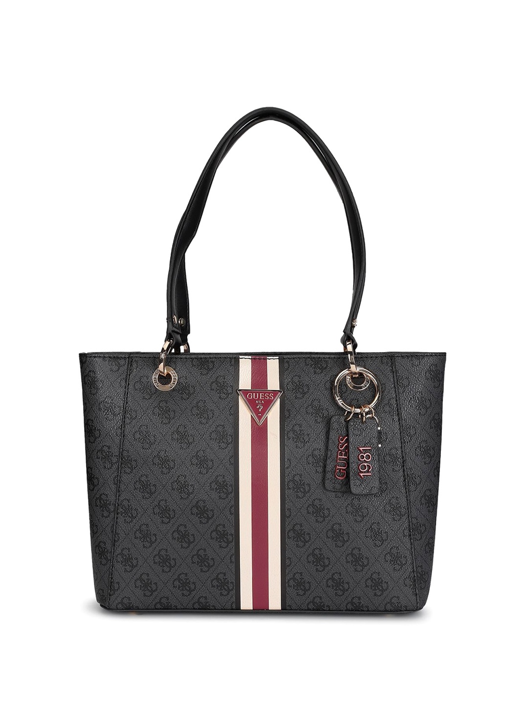 

GUESS Printed PU Structured Tote Bag with Applique, Grey