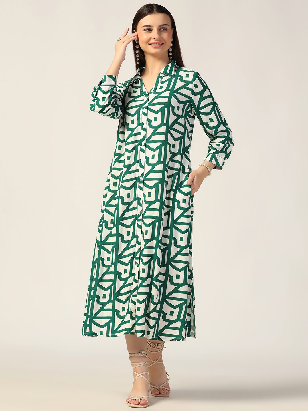 

Mustard Printed A-Line Midi Dress, Green