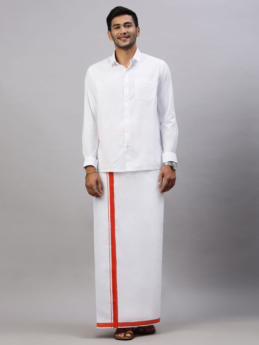 

Ramraj Men Solid Formal Cotton Blend Shirt with Dhoti, White