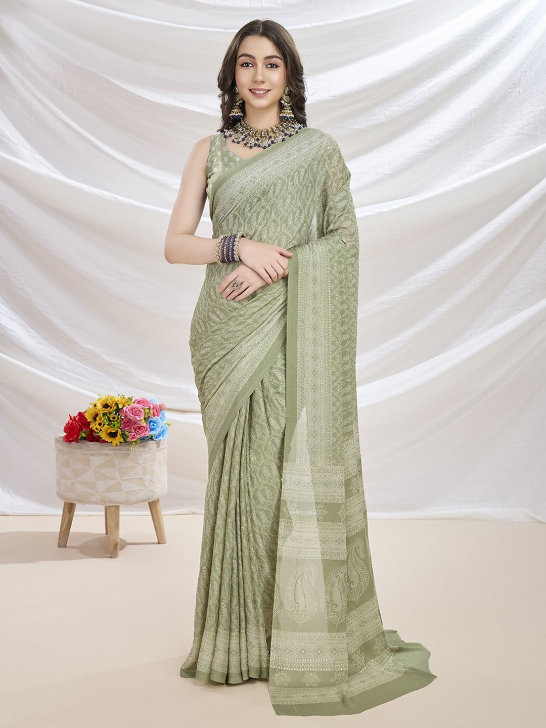 

KALINI Floral Poly Georgette Saree, Sea green