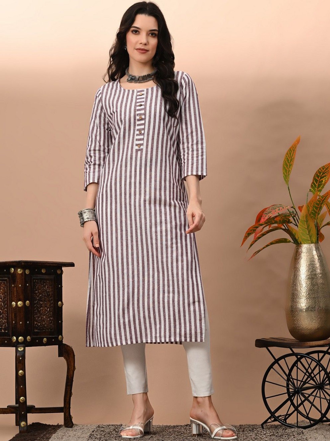 

Kairab Women Striped Flared Sleeves Thread Work Kurta, Brown