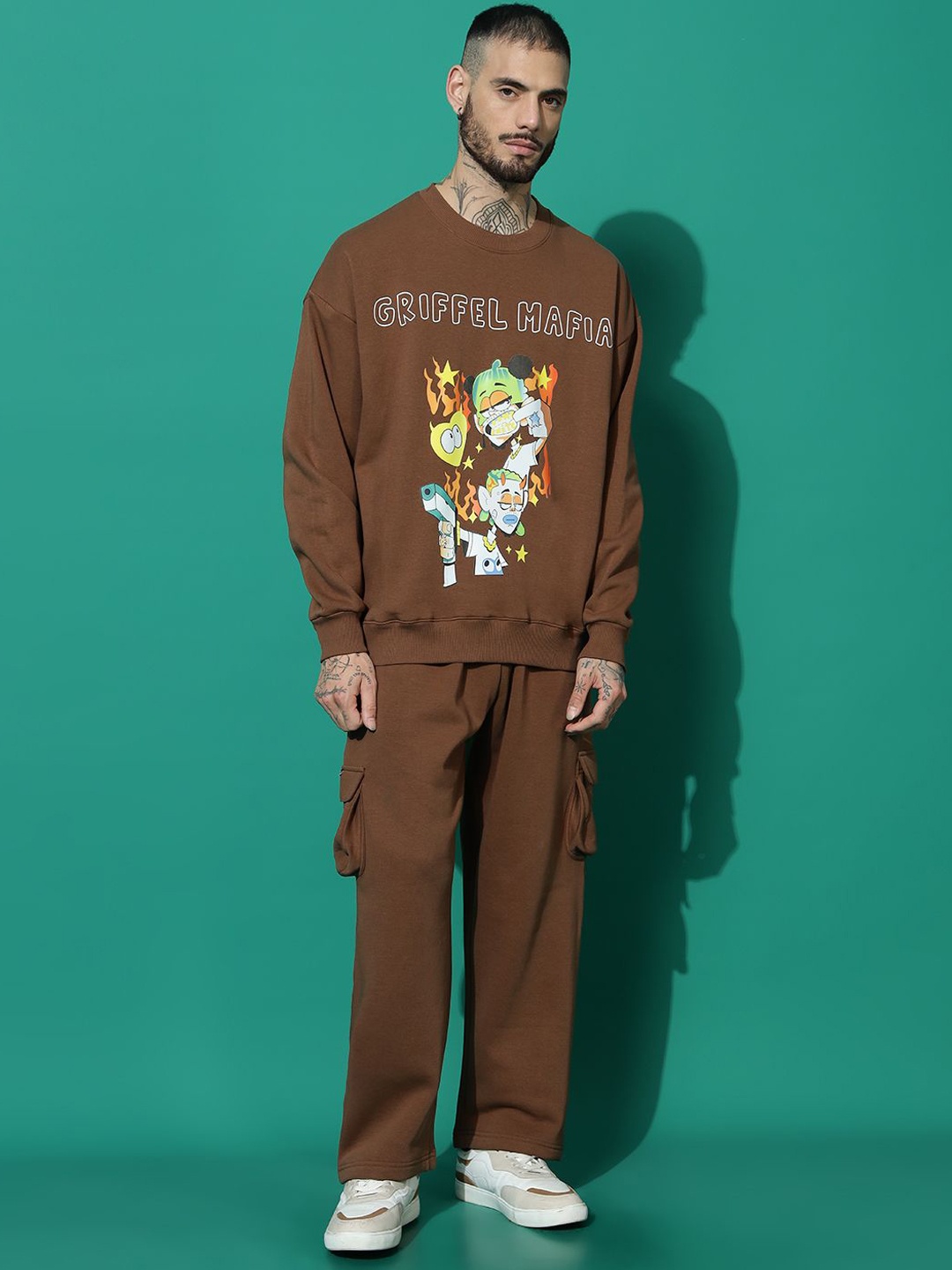 

GRIFFEL Men Printed Oversized Tracksuits, Coffee brown