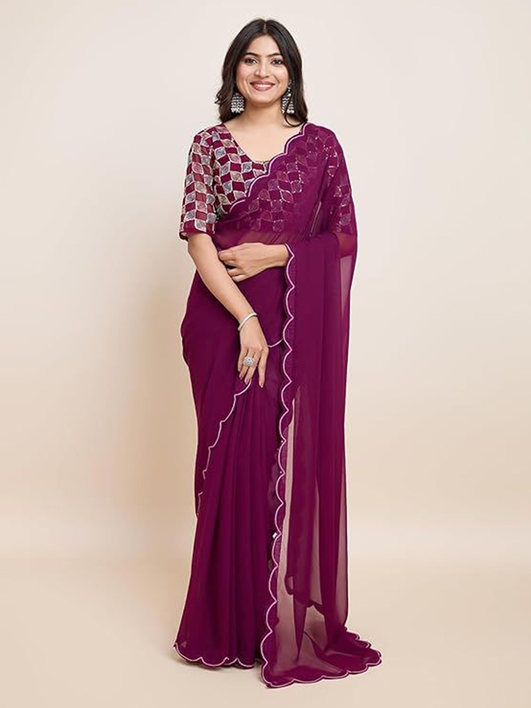 

SWADESI STUFF Embroidered Pure Georgette Saree, Purple