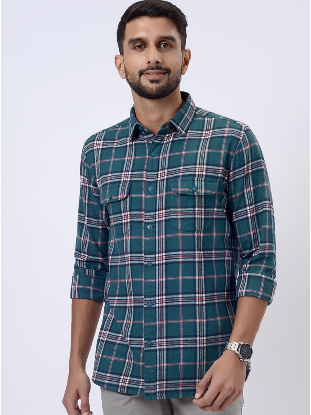 

JADE BLUE Men Slim Fit Opaque Checked Casual Shirt, Green