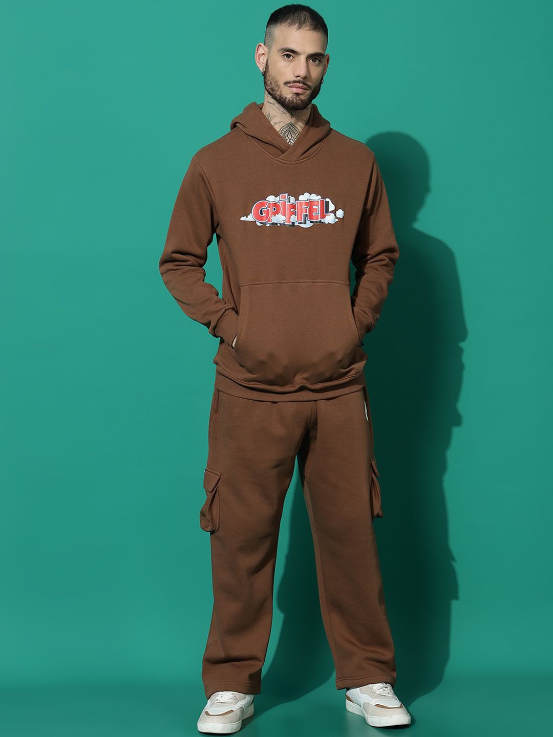 

GRIFFEL Men Brand Logo Printed Hooded Tracksuits, Coffee brown