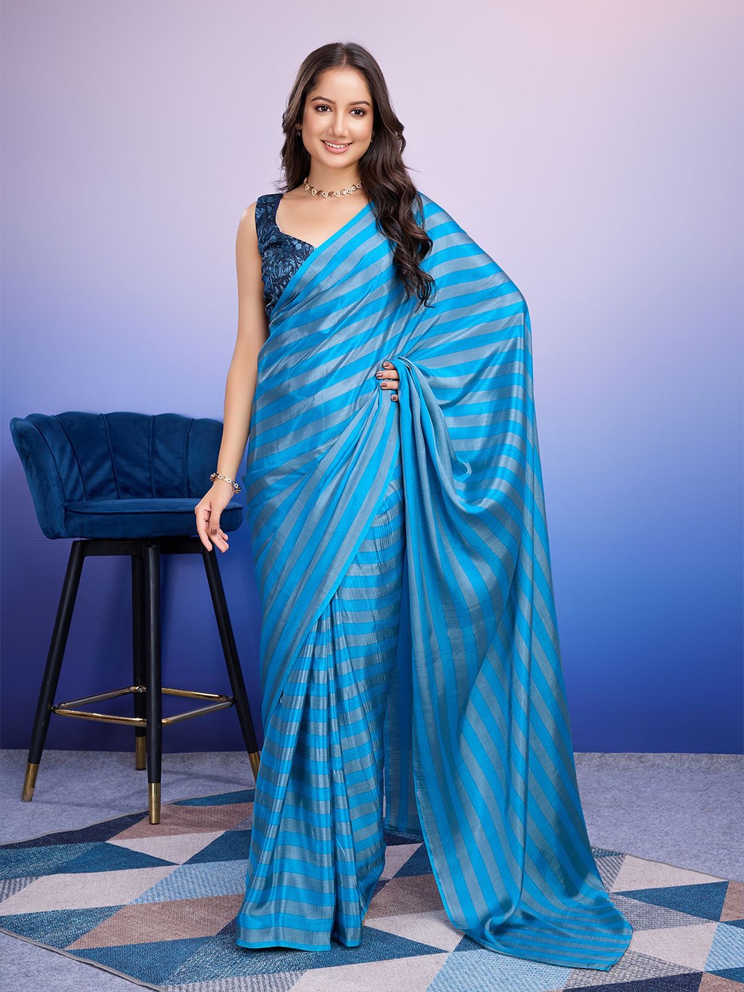 

RACHNA Striped Satin Ready to Wear Saree, Blue