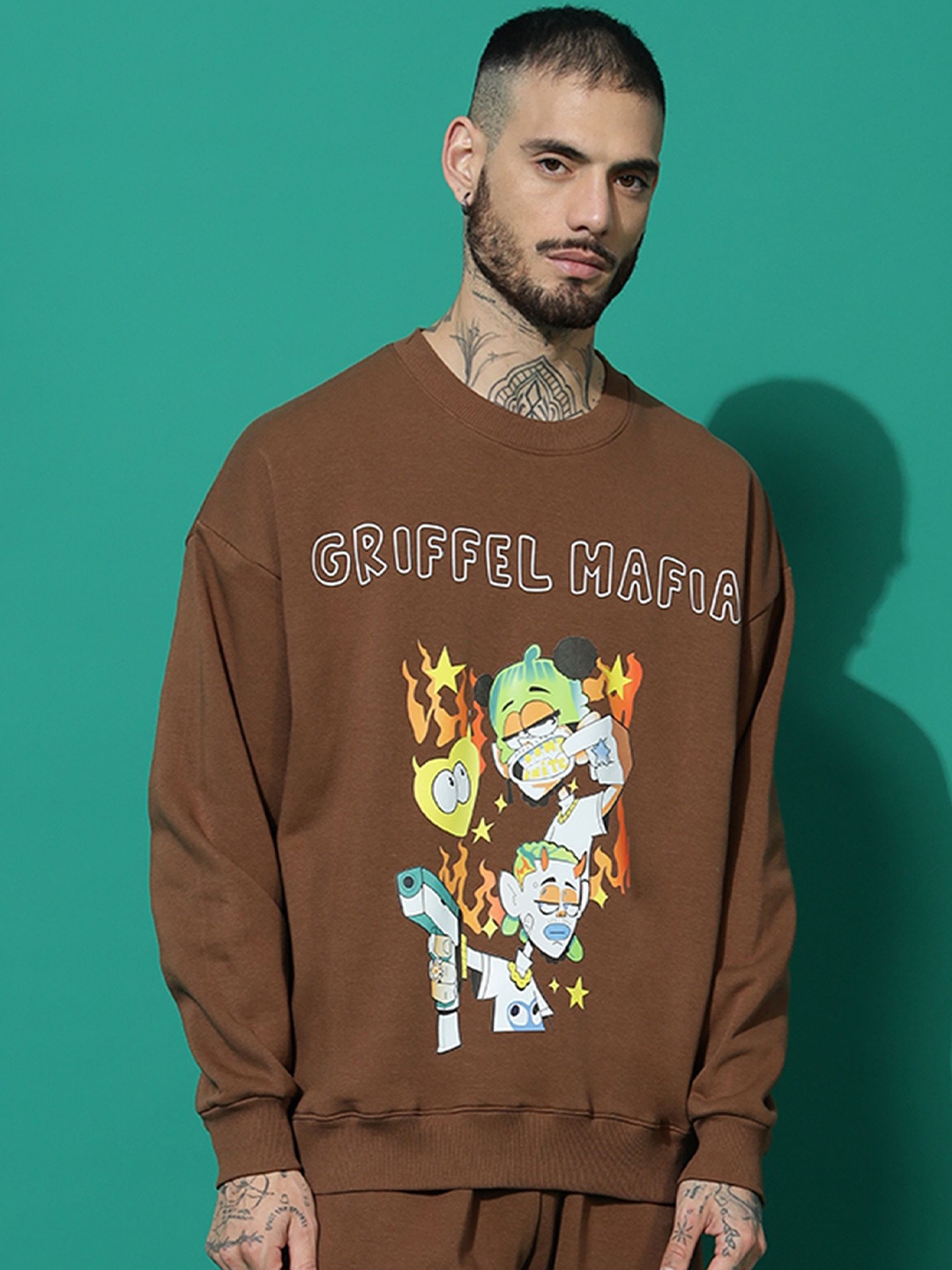 

GRIFFEL Men Graphic Printed Pullover Sweatshirt, Coffee brown