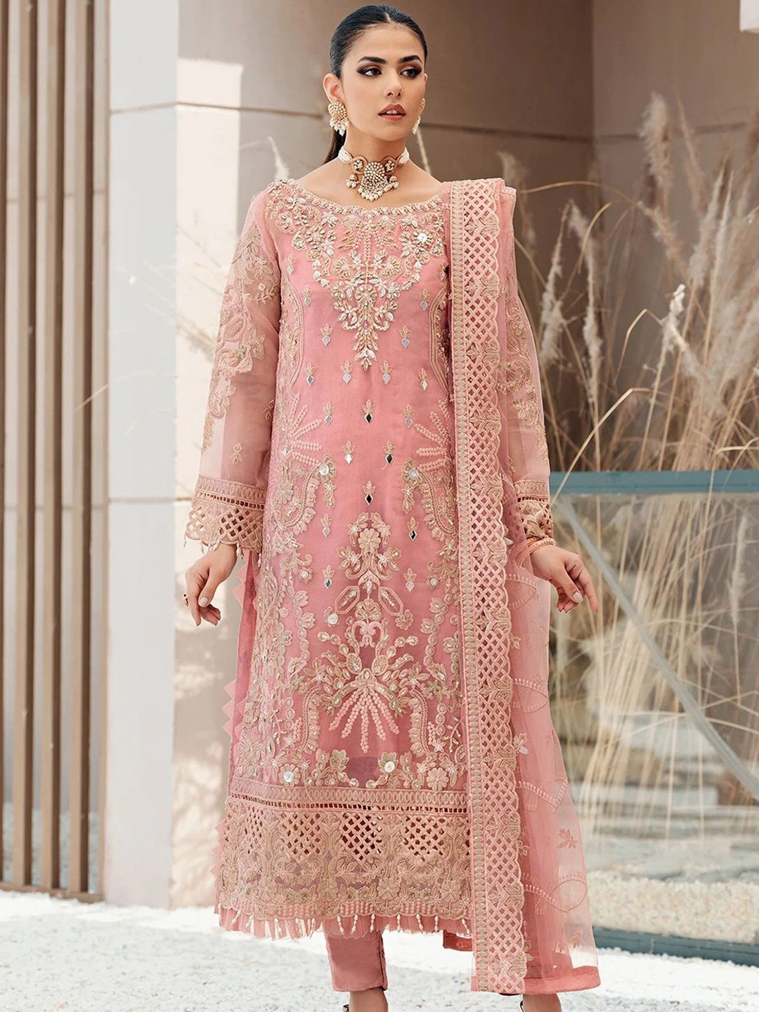 

Jaipur Kurti Embroidered Organza Semi-Stitched Dress Material, Pink