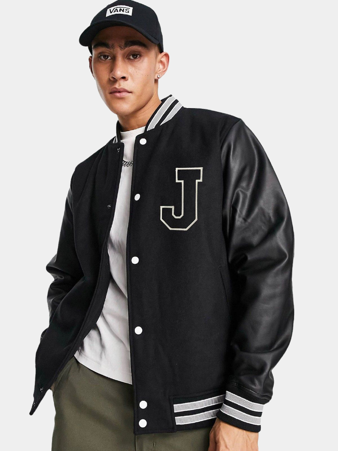 

Be Savage Men Camouflage Checked Fleece Windcheater and Water Resistant Leather Jacket, Black