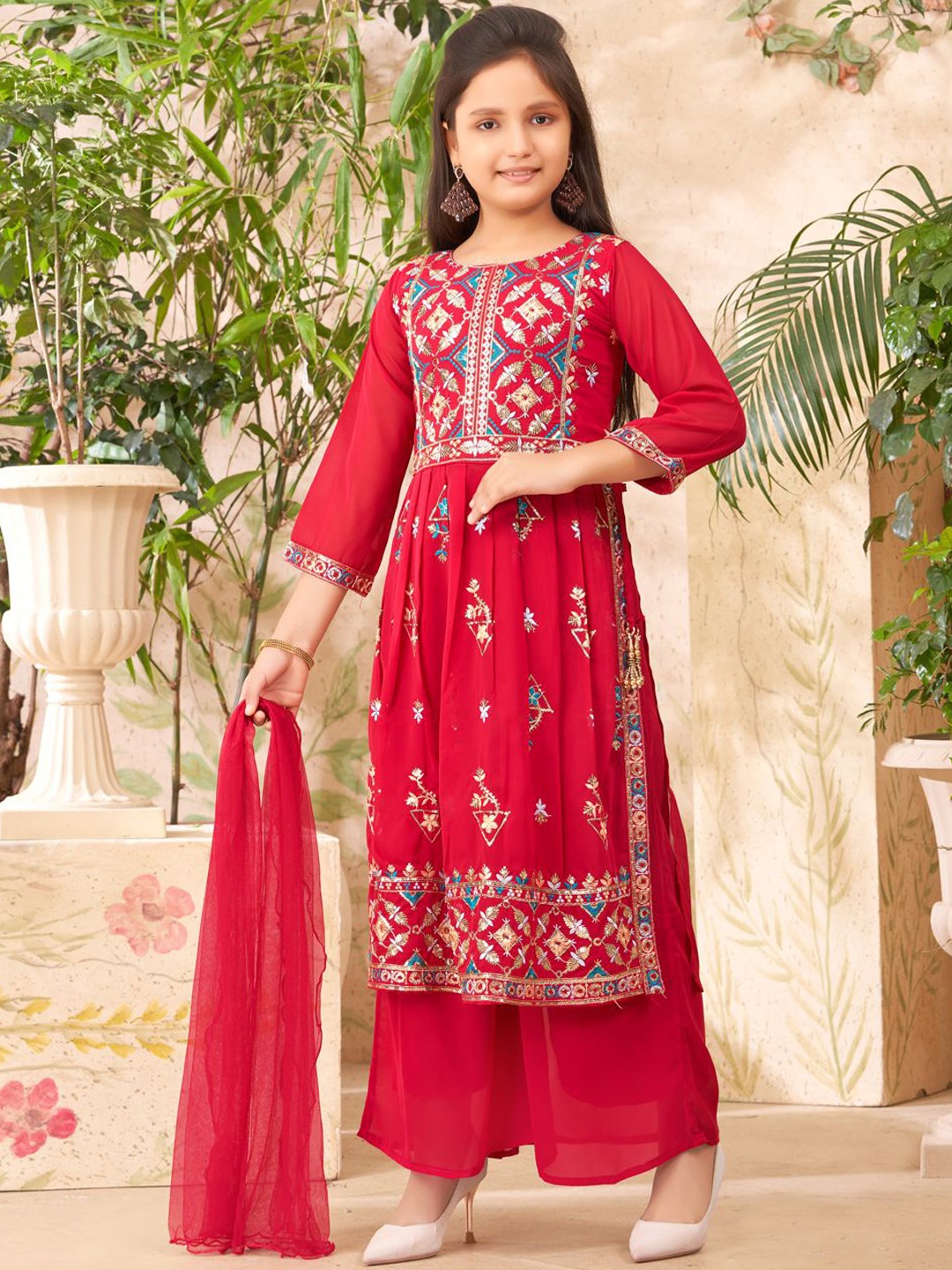 

BAESD Girls Embroidered Regular Kurta with Trousers & With Dupatta, Pink