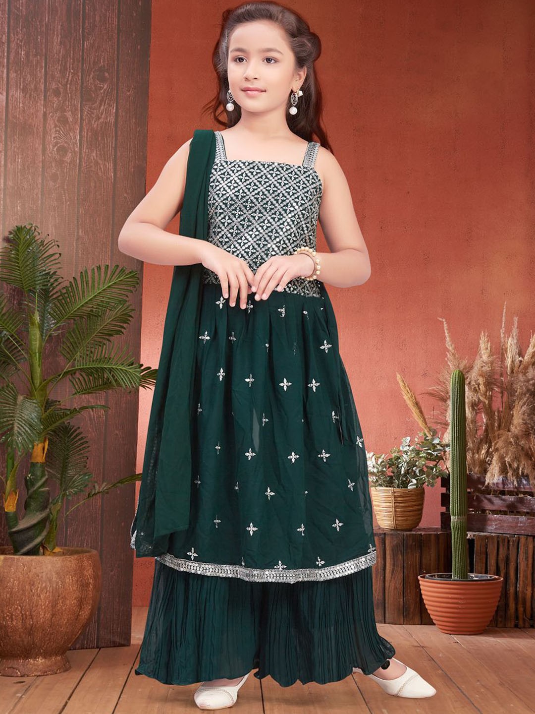 

BAESD Girls Ethnic Motifs Embroidered Angrakha Thread Work Kurta with Sharara & With Dupatta, Green