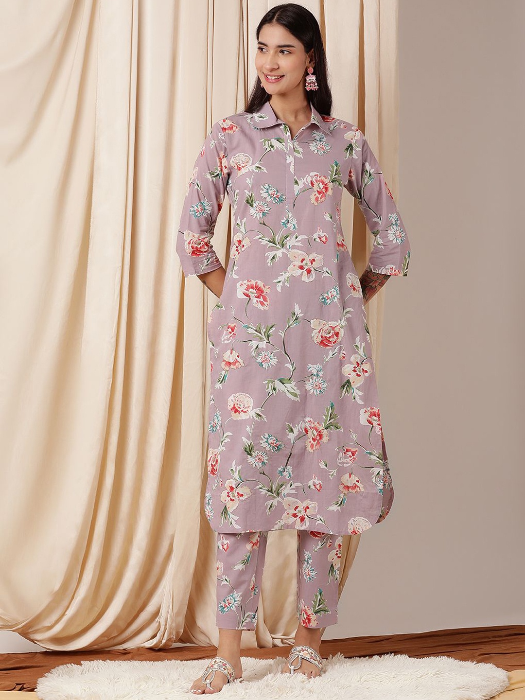 

MASSTANI BY INDDUS Women Floral Printed Regular Kurta with Trousers, Mauve