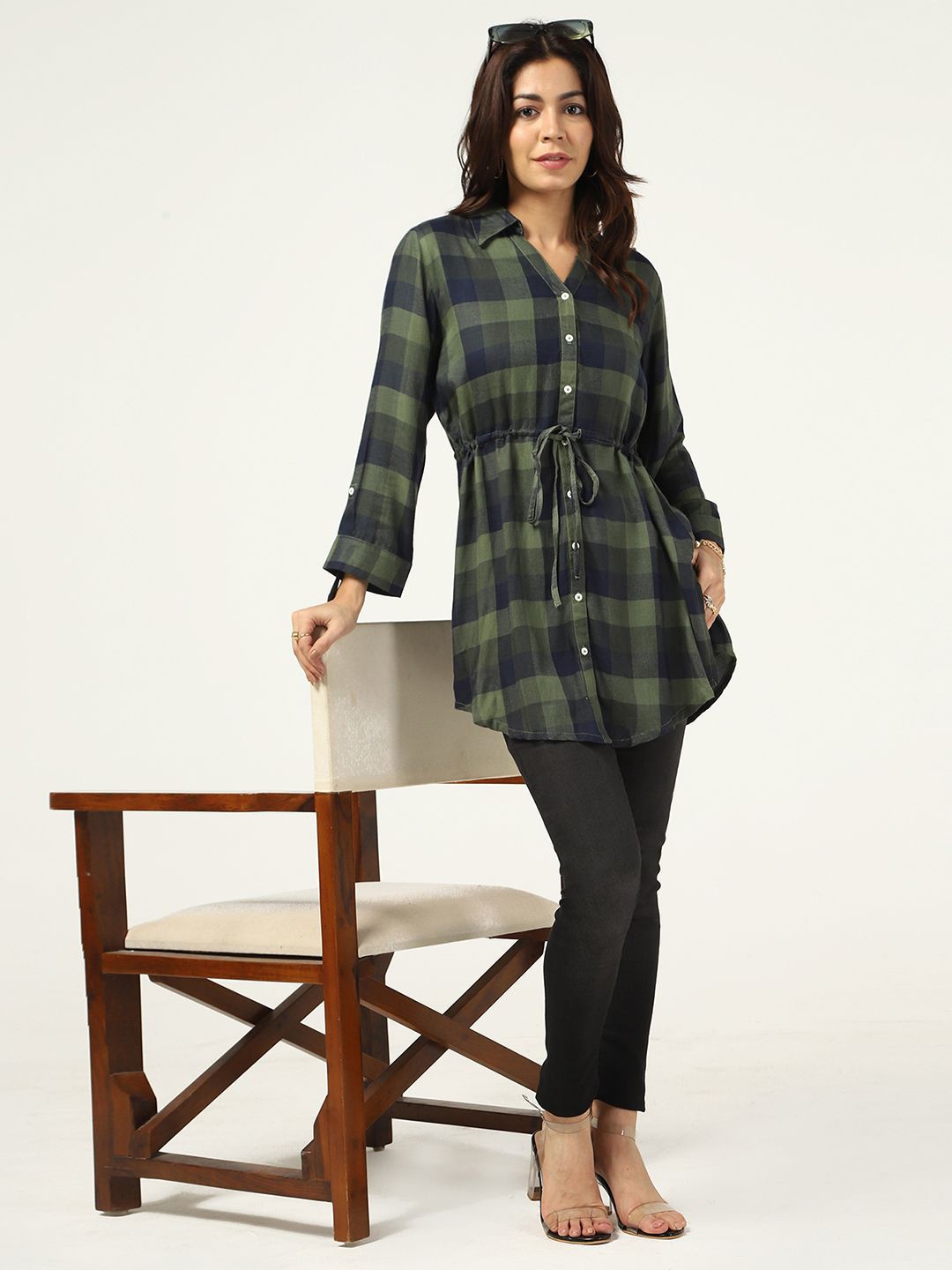 

Mustard Women Checked Shirt Style Top, Green