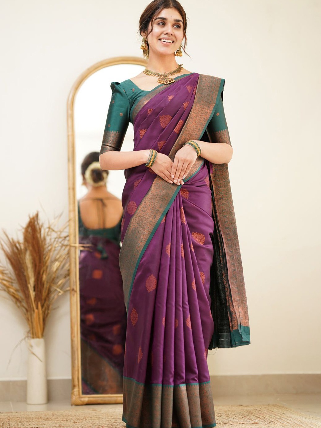 

Wuxi Ethnic Motifs Woven Design Zari Pure Silk Banarasi Saree, Purple