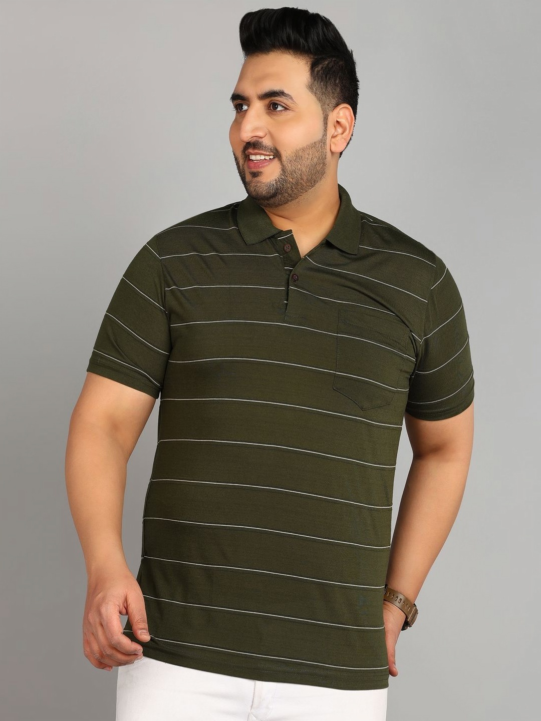 

METRONAUT PLUS Men Plus Size Striped Polo Collar T-shirt, Olive