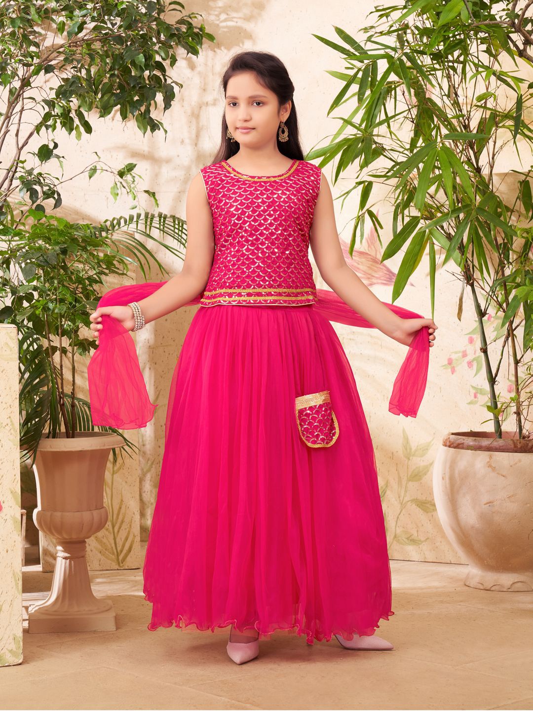 

BAESD Girls Embellished Sequinned Ready to Wear Lehenga &, Pink