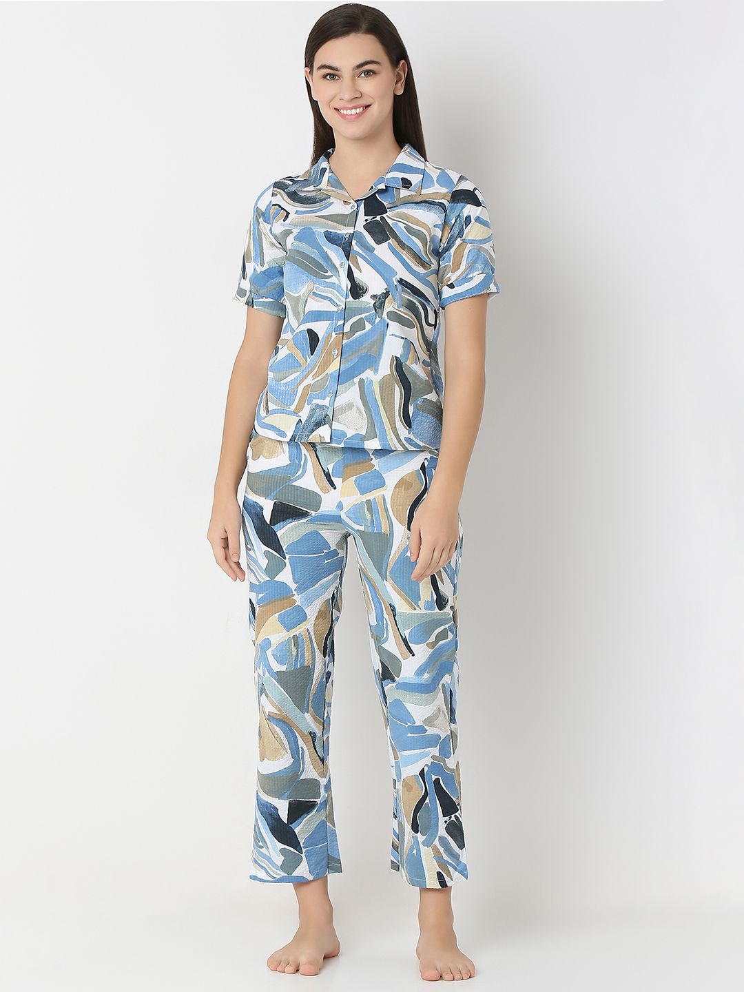 

Juliet Women Abstract Printed Pure Cotton Night suit, Blue