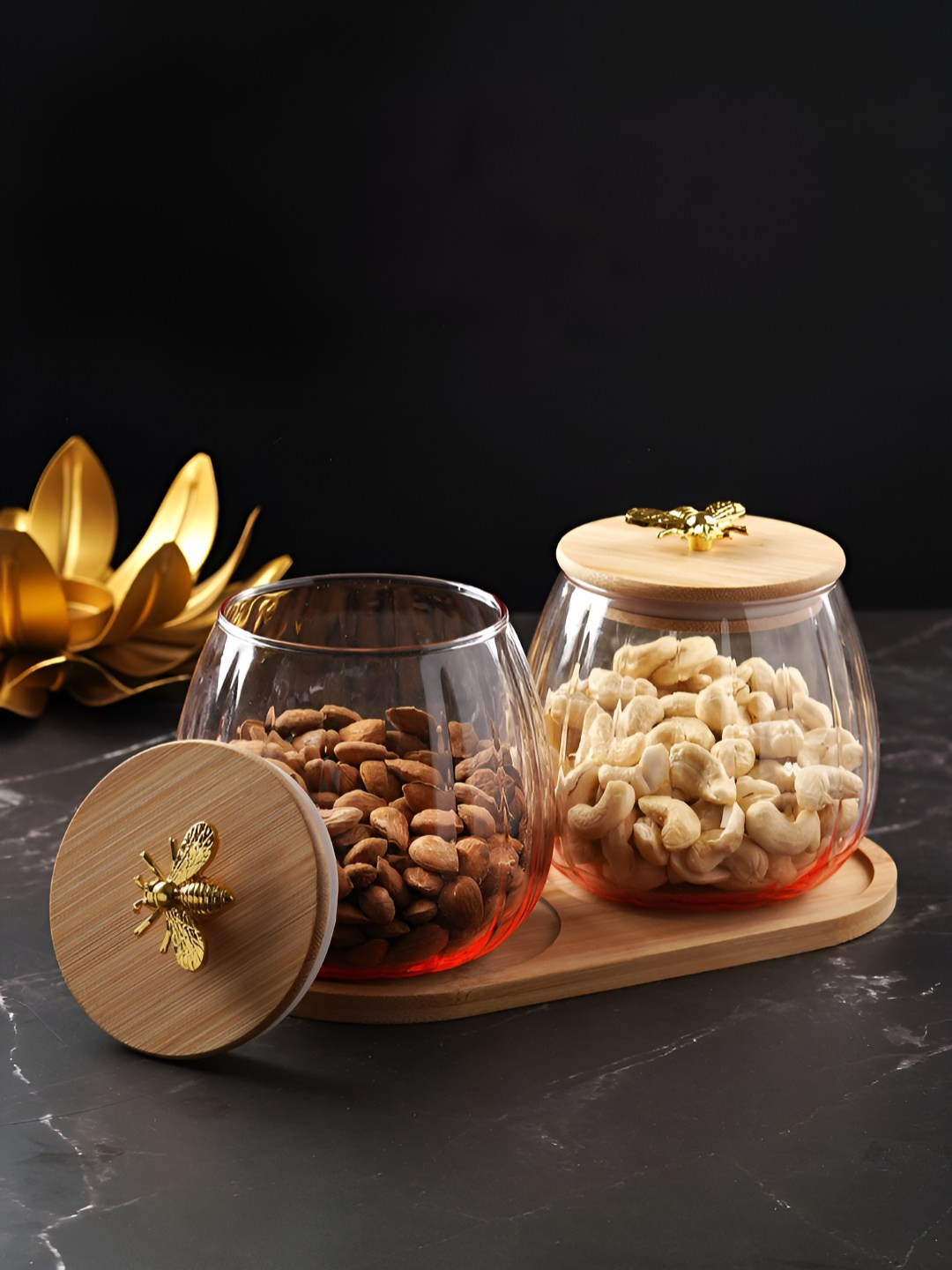 

ceradeco Set Of 2 Transparent Borosilicate Glass Containers With Lid & Tray 600 ML