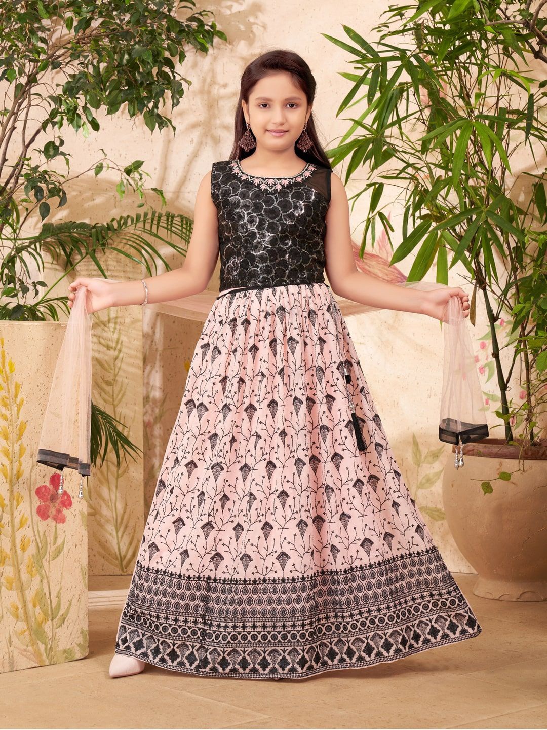 

BAESD Girls Embellished Sequinned Ready to Wear Lehenga &, Peach