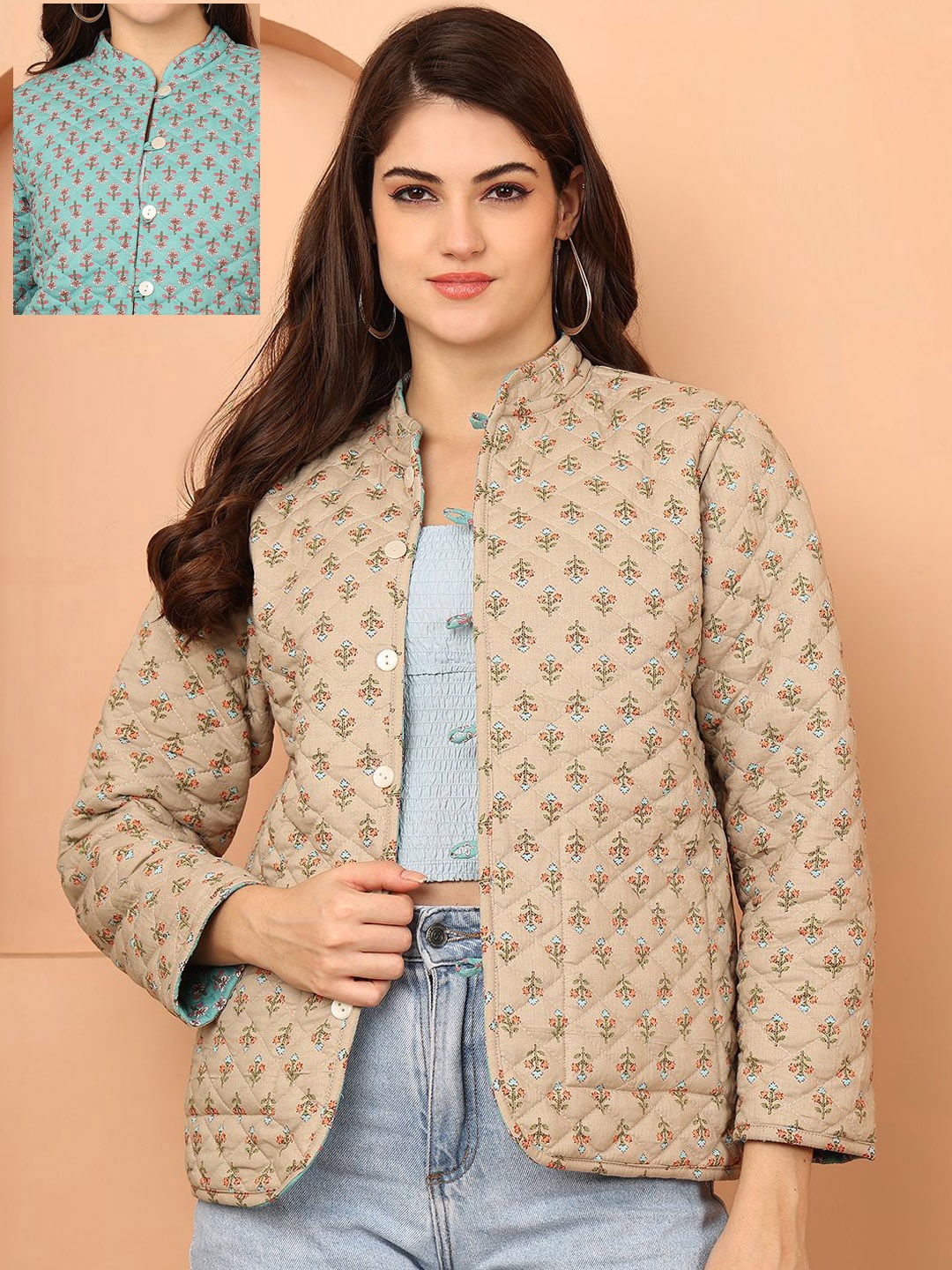 

SOUNDARYA Women Floral Reversible Quilted Jacket, Sea green