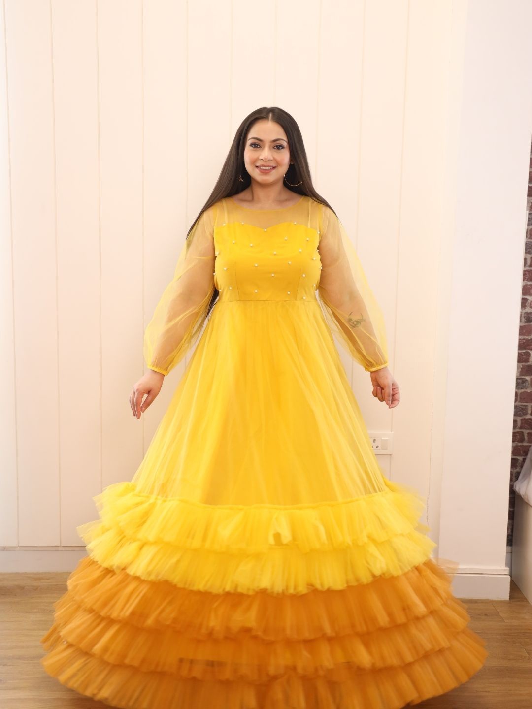 

Swadeshi Shringaar Women Net Frill Maxi Dress, Yellow