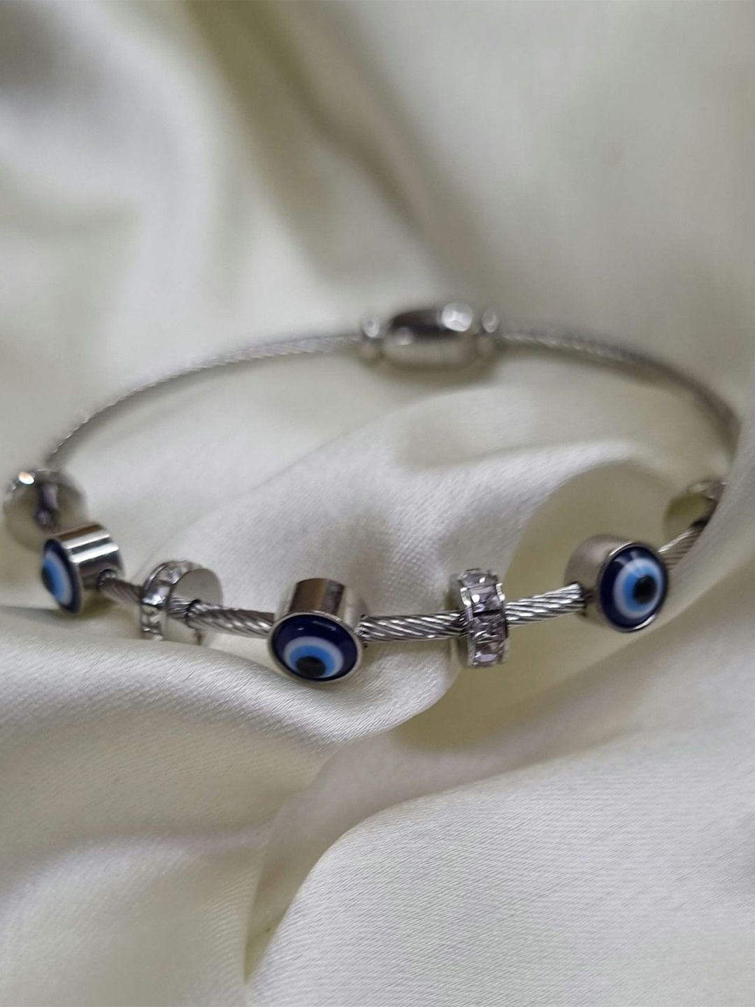 

DIVASTRI Stainless Steel Bangle-Style Evil Eye Bracelet, Silver