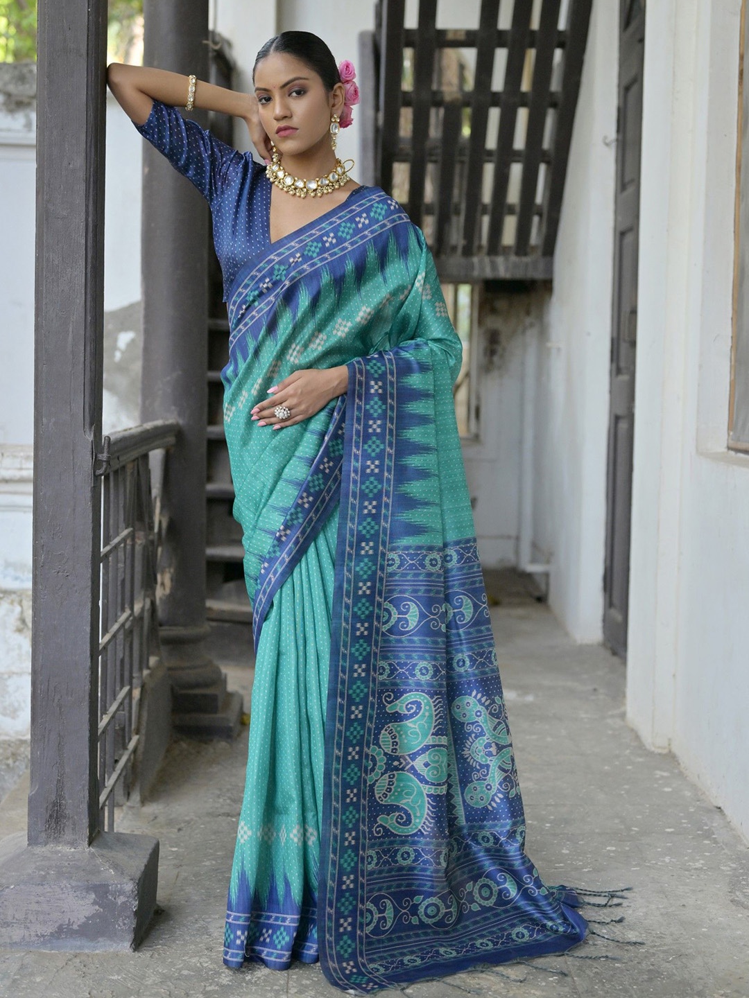 

Jinal & Jinal Woven Design Silk Cotton Tussar Saree, Teal