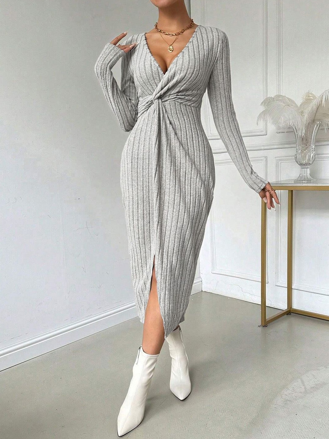 

JC Mode Women Striped Wrap Dress, Grey