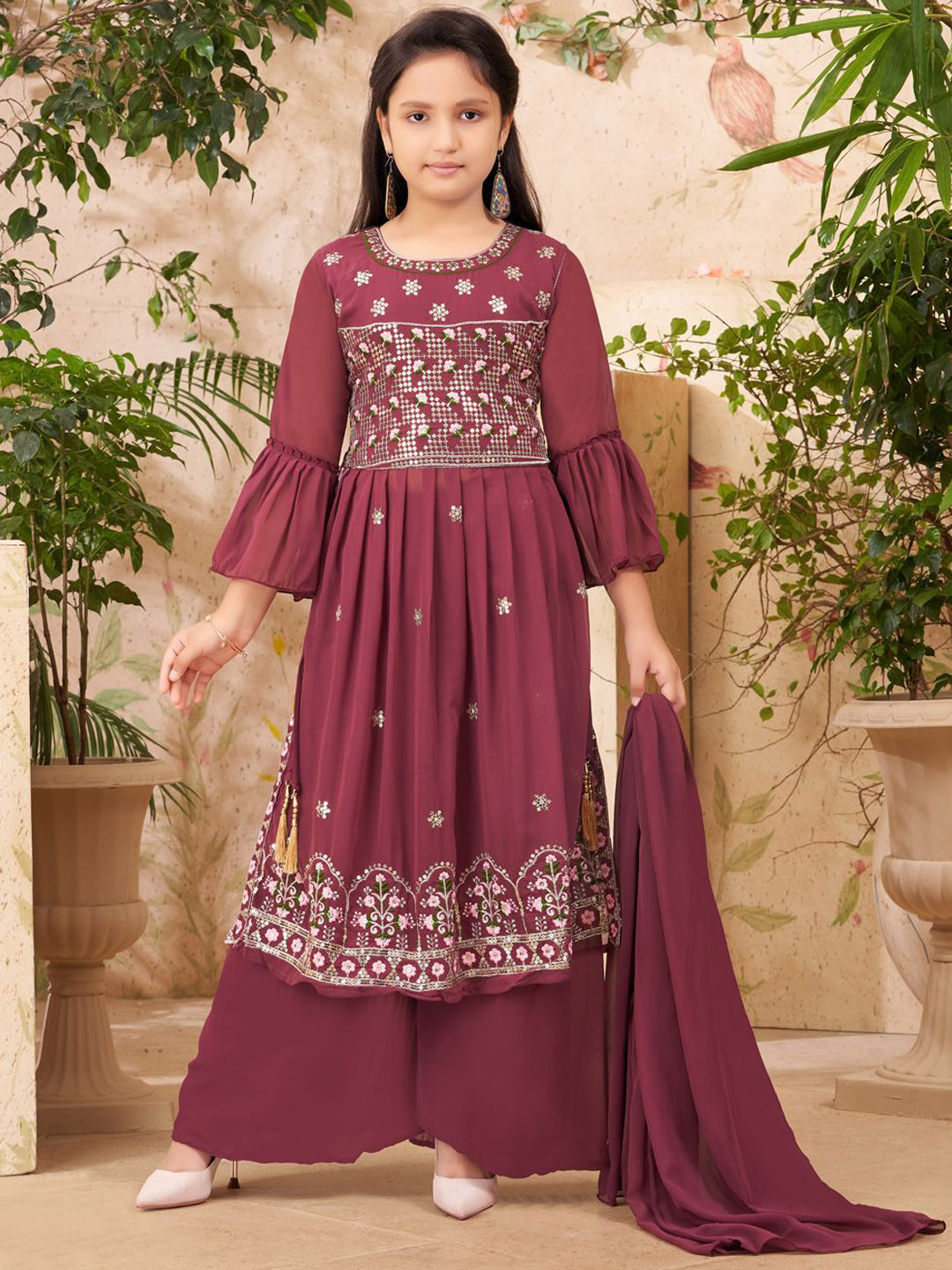 

BAESD Girls Floral Embroidered Panelled Sequinned Kurta with Palazzos & With Dupatta, Burgundy