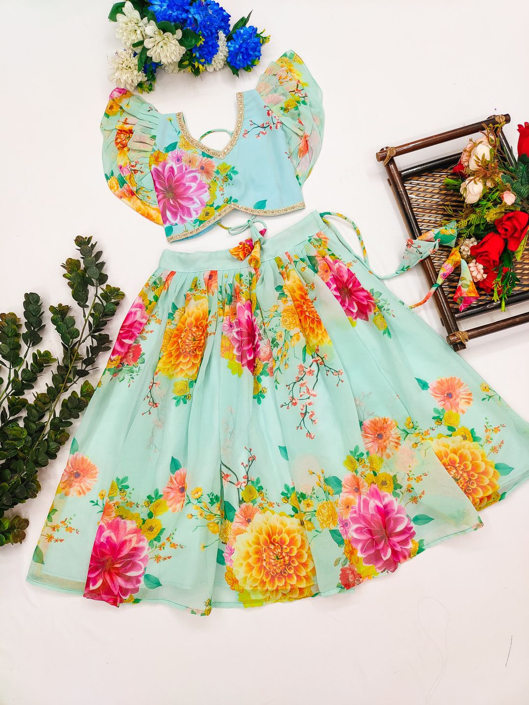 

JOVK DESIGN Girls Printed Ready to Wear Lehenga &, Sea green