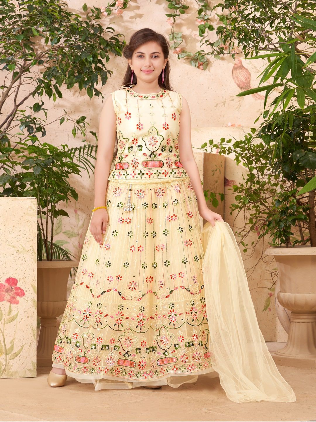 

BAESD Girls Embroidered Ready to Wear Lehenga & Blouse With Dupatta, Cream