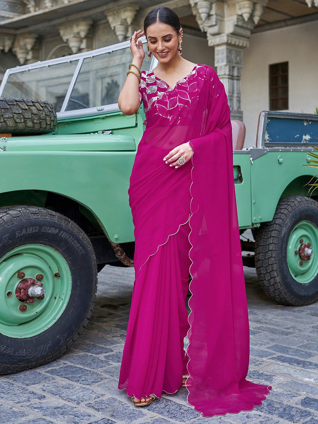 

SWADESI STUFF Embellished Sequinned Pure Georgette Saree, Pink