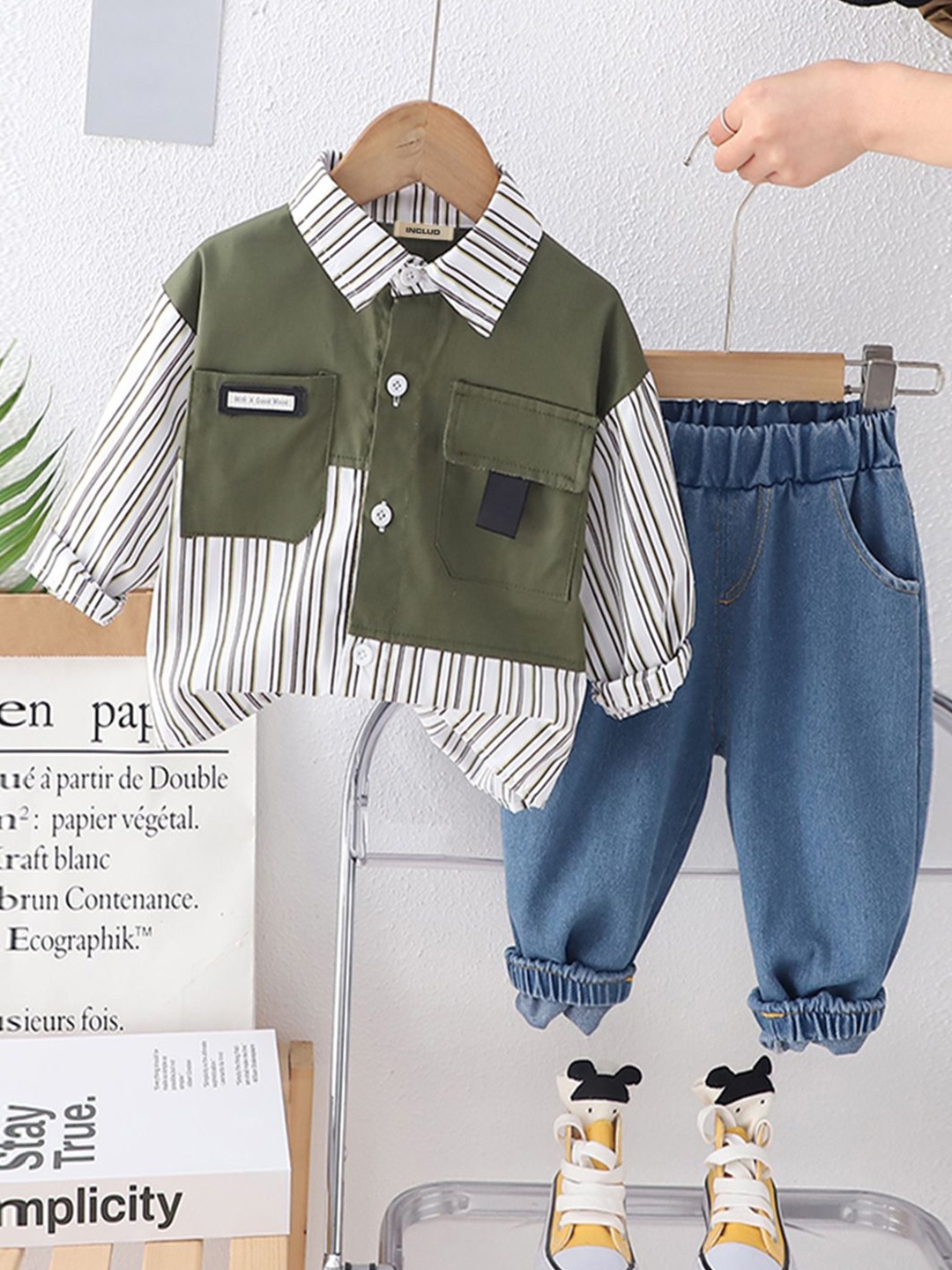 

INCLUD Boys Striped Shirt with Trousers, Green