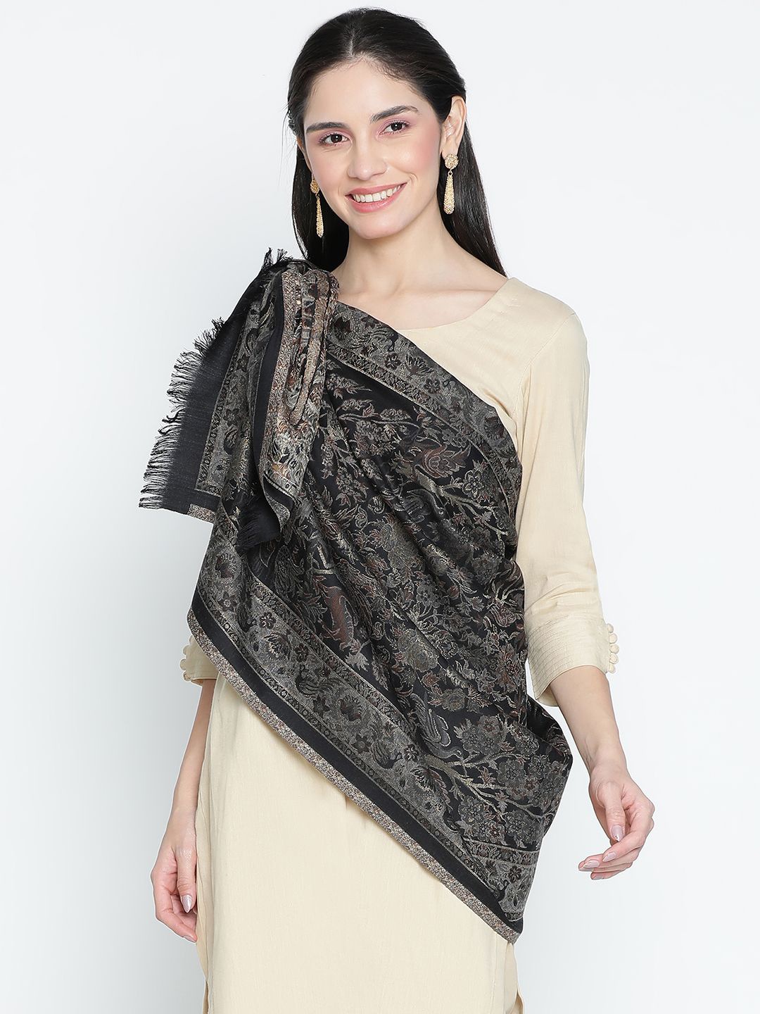 

SHINGORA Women Floral Woven Design Shawl, Black