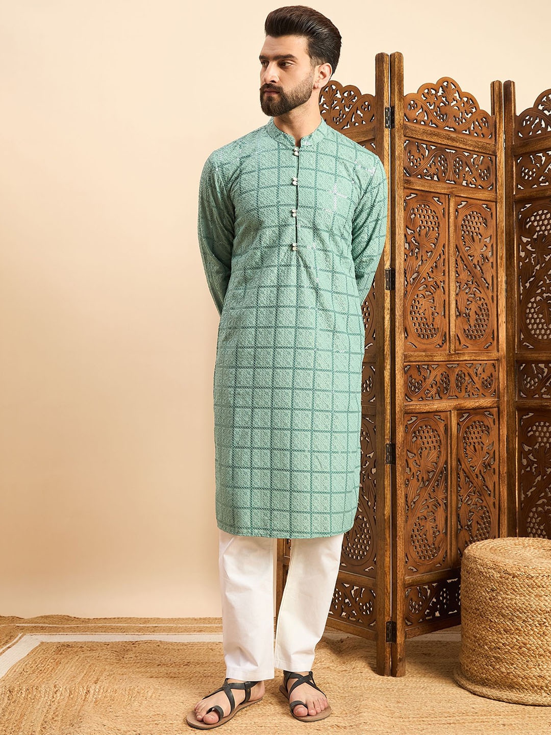 

House of Pataudi Embroidered Straight Kurta, Sea green