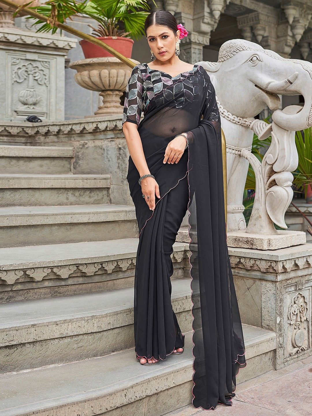 

SWADESI STUFF Embroidered Pure Georgette Heavy Work Saree, Black