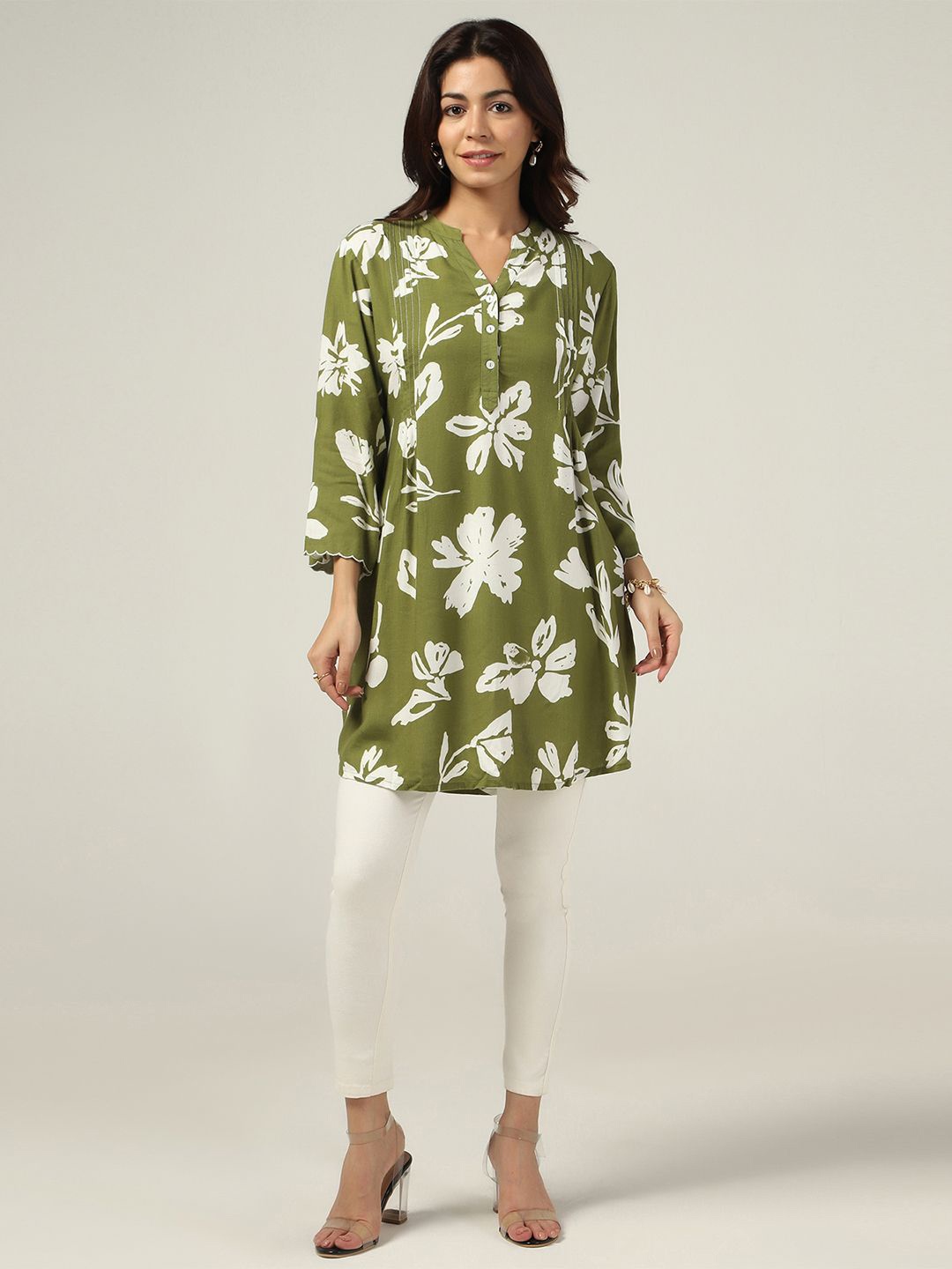 

Mustard Floral Printed Mandarin Collar Linen Tunic, Olive
