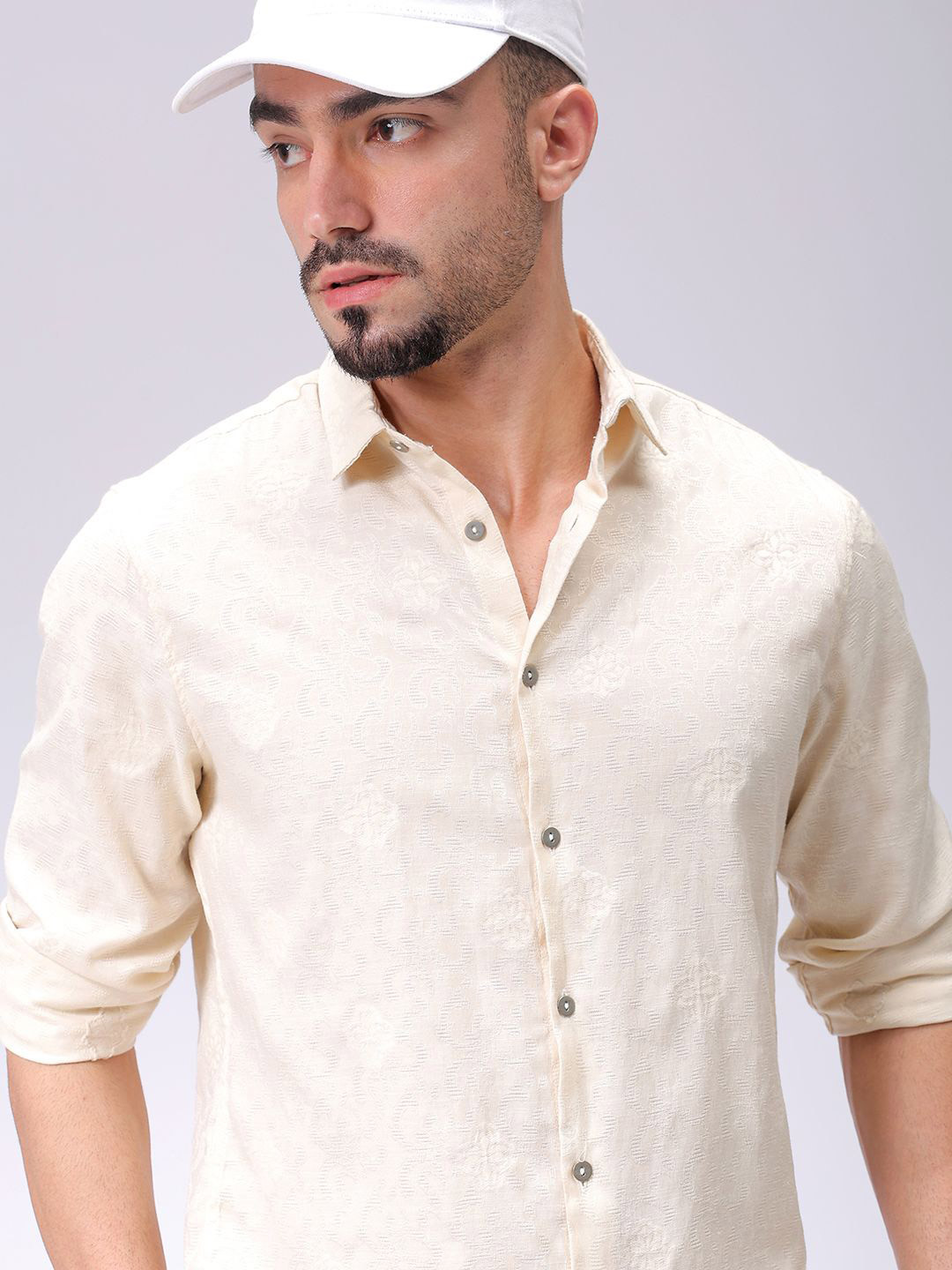 

The Indian Garage Co Men Regular Fit Dobby Textured Resortwear Shirt, Beige