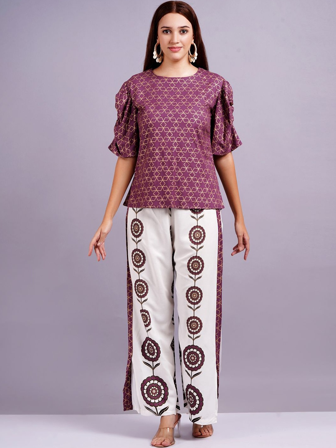 

JC4U Round Neck Printed Top with Palazzo, Purple