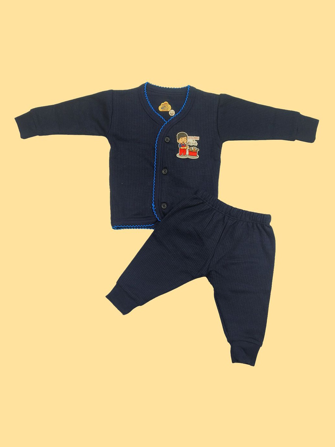 

INFERNO Infants Pack Of 2 Striped Combed Cotton Thermal Set, Navy blue
