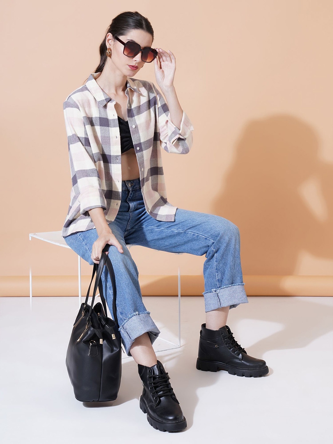 

IX IMPRESSION Checked Cotton Shirt Style Top, Pink