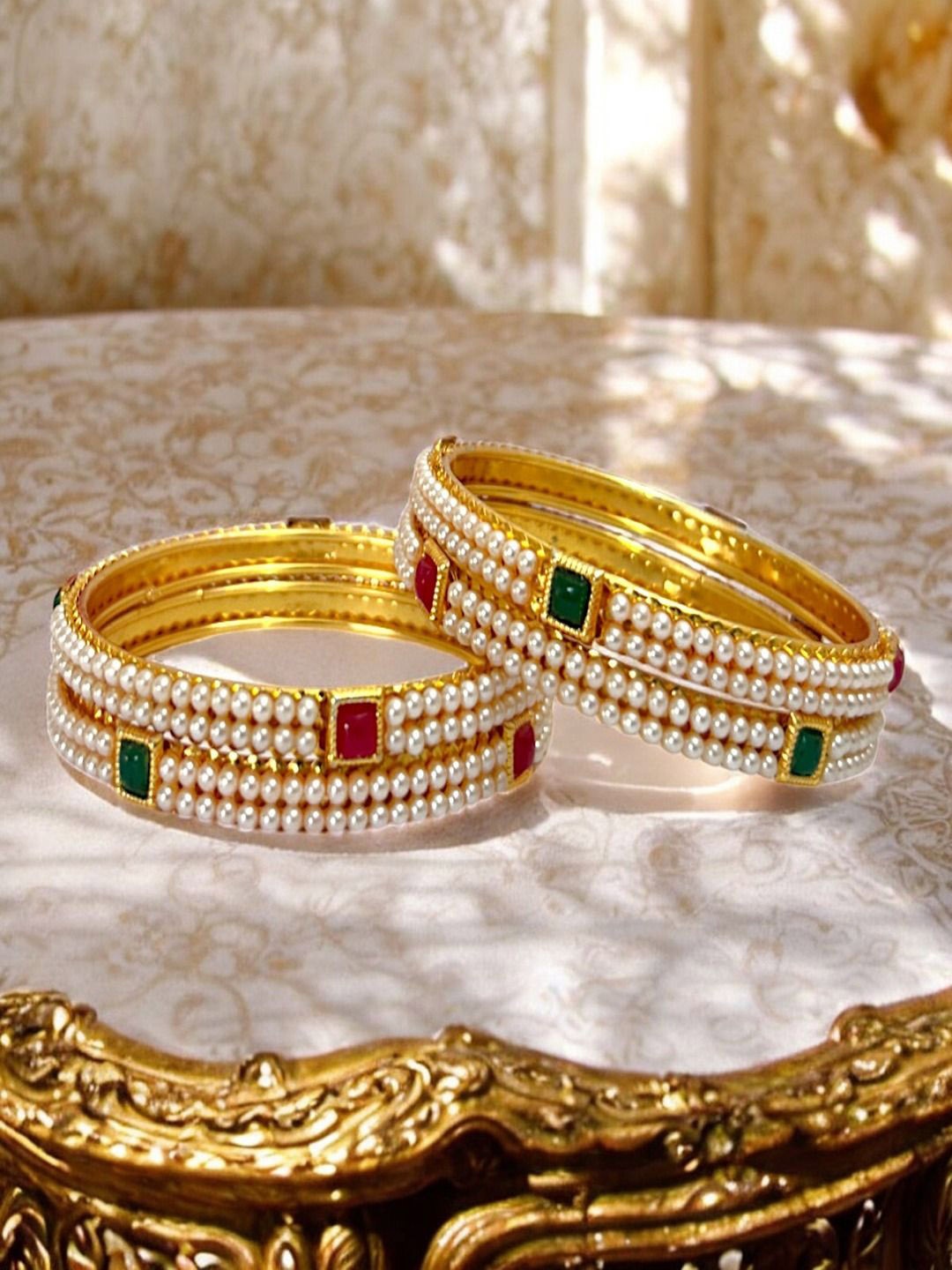 

AccessHer Set Of 4 Gold Plated Stone Studded & Pearl Beaded Bangles