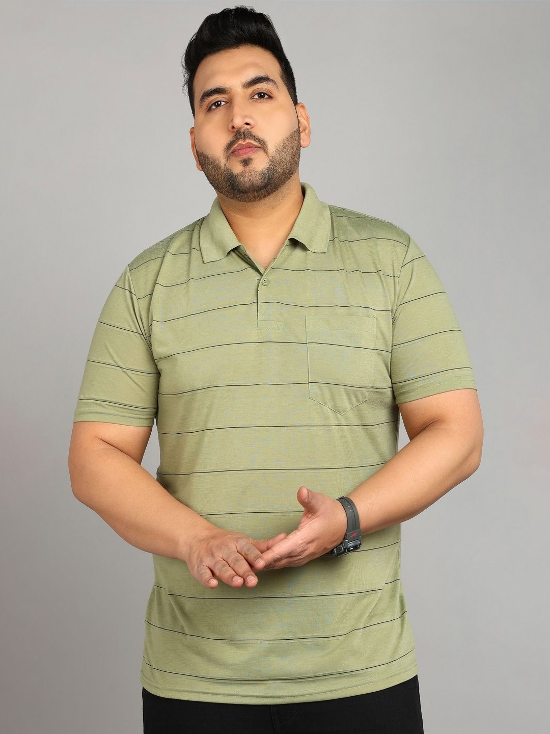 

METRONAUT PLUS Men Plus Size Striped Polo Collar T-shirt, Sea green