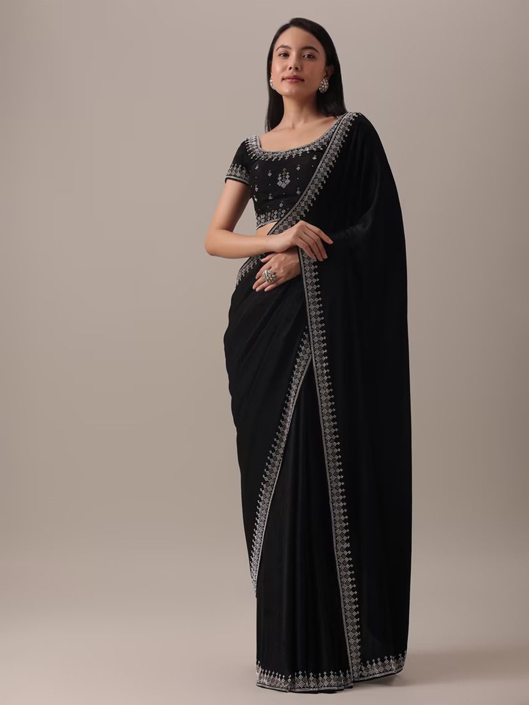 

SWADESI STUFF Embellished Beads and Stones Pure Georgette Saree, Black