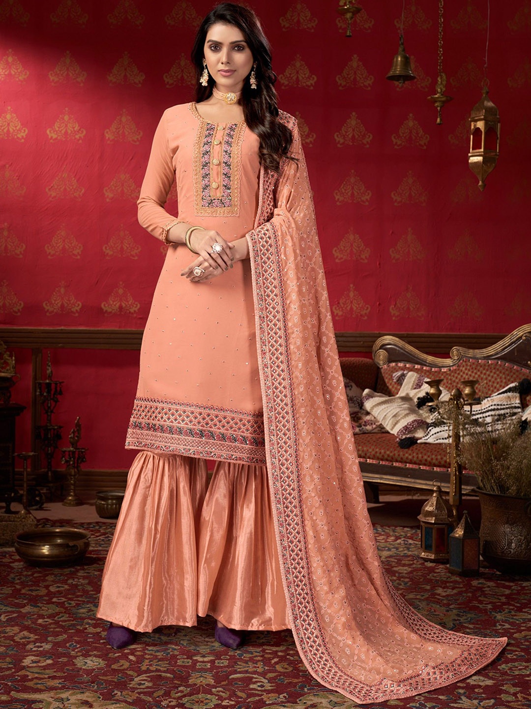 

VARNI FABRICS Embellished Silk Georgette Semi-Stitched Dress Material, Peach